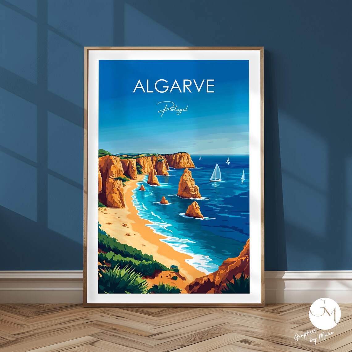 Algarve Portugal Cliffs Sailboats Blue Sea Travel Art Poster