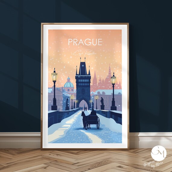 Prague Charles Bridge Winter Horse Carriage Snowfall Travel Poster