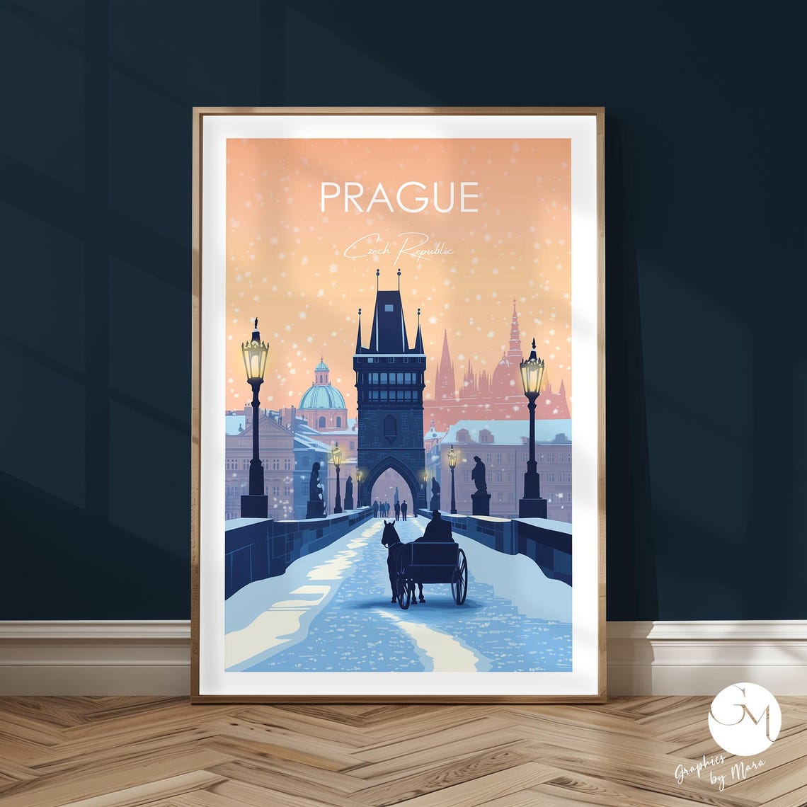 Prague Charles Bridge Winter Horse Carriage Snowfall Travel Poster
