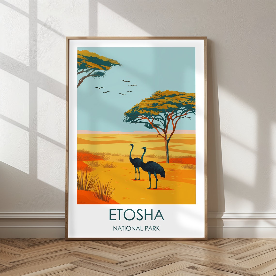 Etosha National Park Ostriches Savanna Wildlife Travel Poster