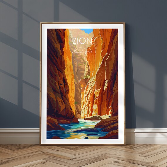 Zion National Park Red Canyon River Illustration Travel Poster