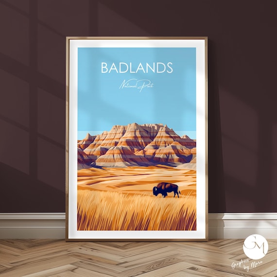 Badlands National Park Minimalist Travel Poster with Grazing Bison