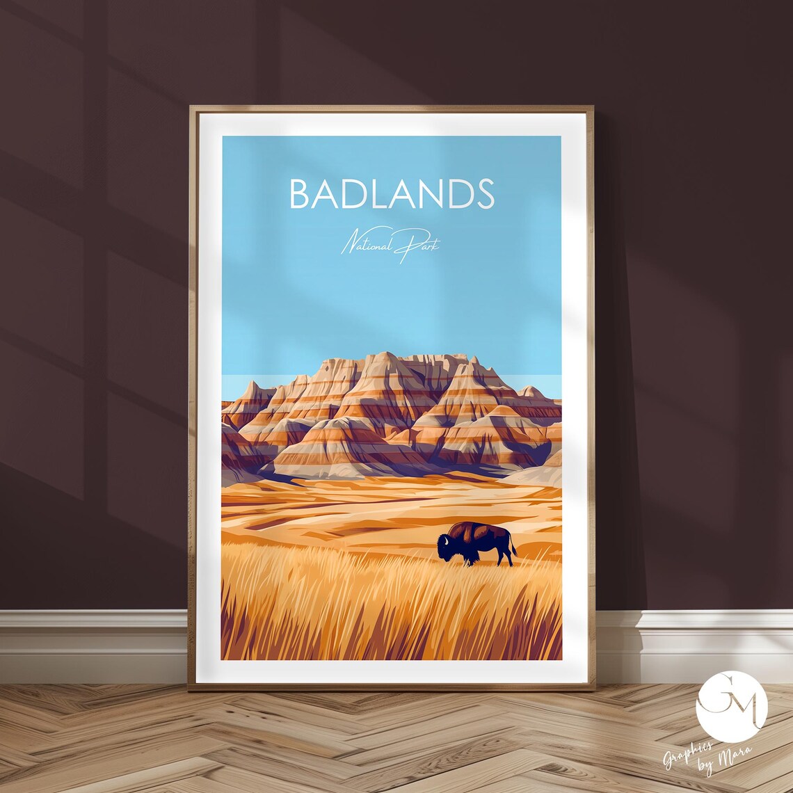 Badlands National Park Minimalist Travel Poster with Grazing Bison