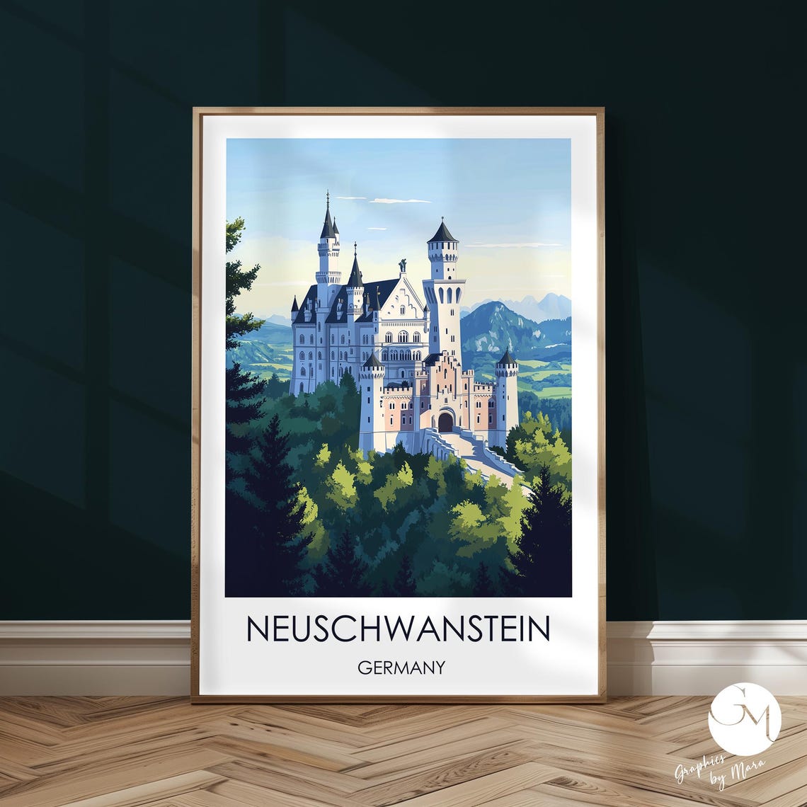 Neuschwanstein Castle Germany Fairytale Travel Illustration Poster