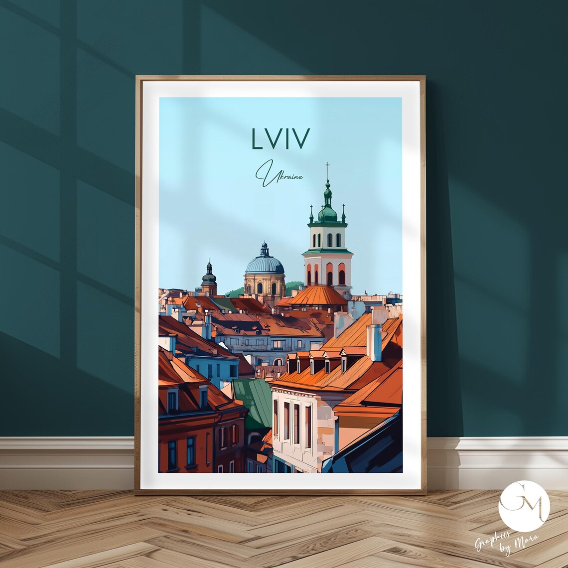 Lviv Ukraine Travel Poster Rooftop Old Town Cityscape Illustration