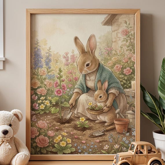 Rabbit Mother And Baby Gardening Print Cottagecore Bunny Folk Wall Art Vintage Storybook Nursery Decor Beatrix Potter Room Poster