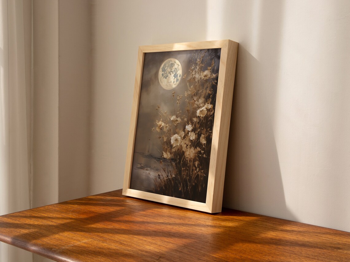 Full Moon and Delicate Florals Vintage Art Print - Image 2