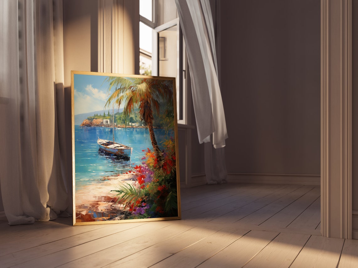 Mediterranean Sailboat Palm Tree Bougainvillea Bay Art Print - Image 4