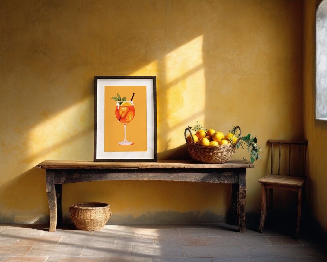 Retro Minimalist Aperol Spritz Orange Cocktail on Yellow Art Print - Image 4