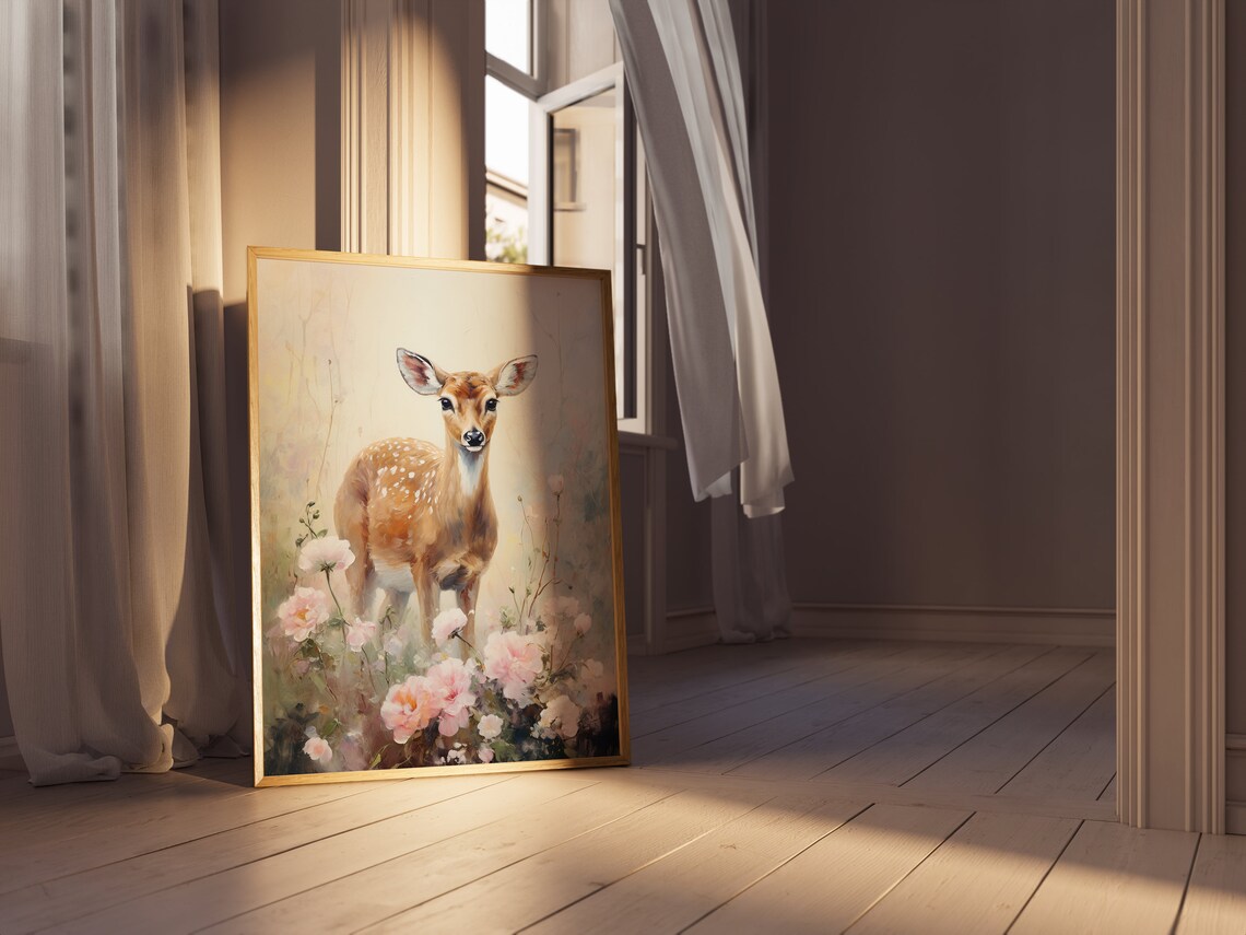 Deer in Flowers Romanticism Oil Painting Style Print - Image 2