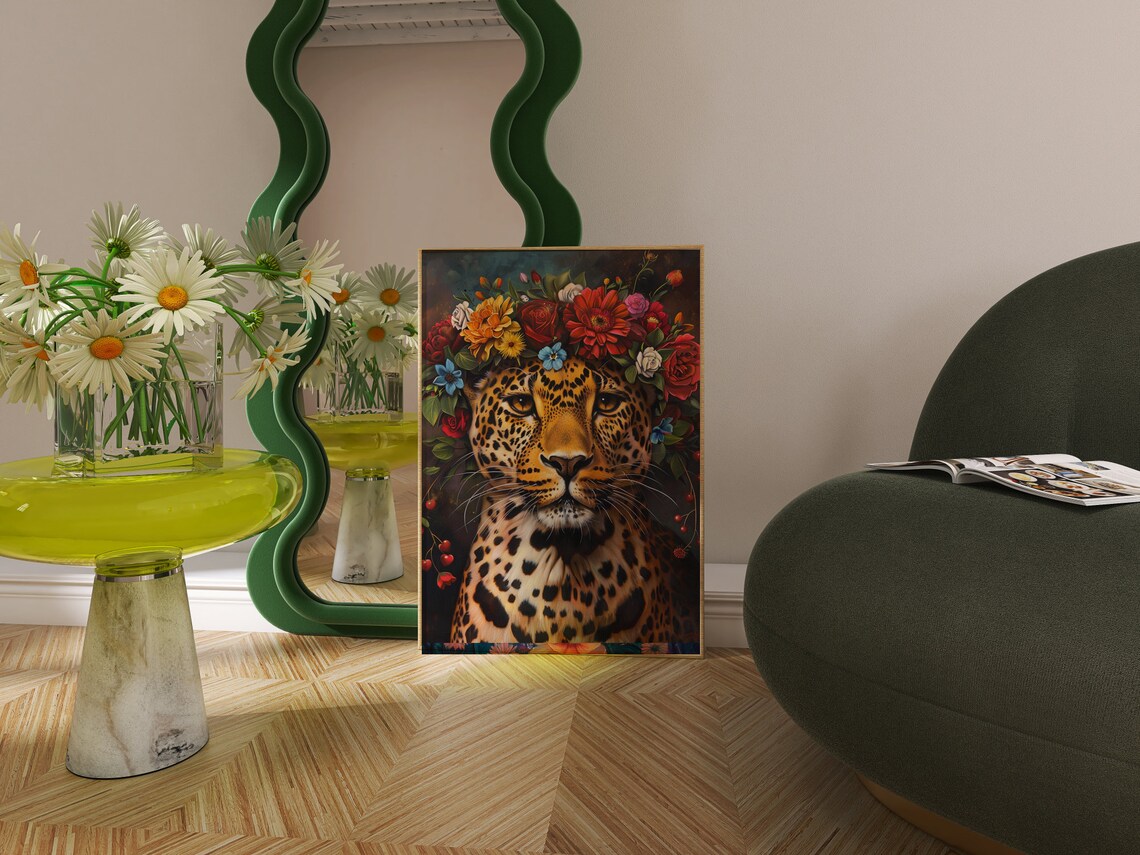 Maximalist Leopard With Flower Crown Art Print - Image 4
