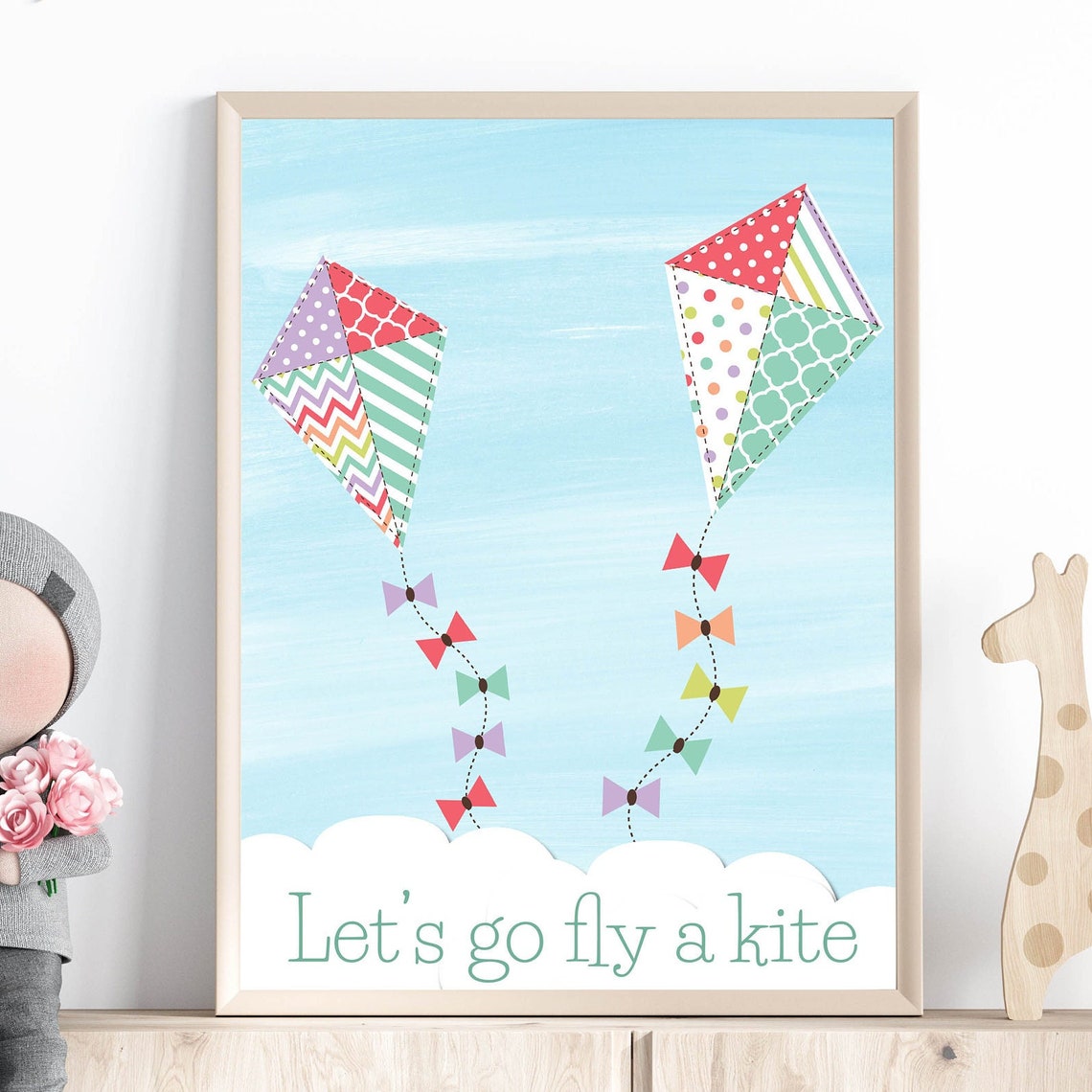 Colorful Patchwork Kites Lets Go Fly a Kite Nursery Kids Art Print
