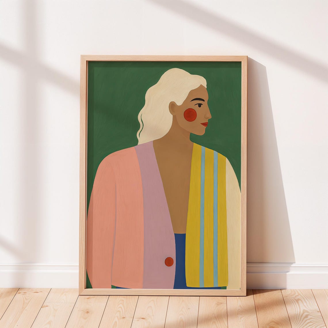 Modern Abstract Woman Portrait Colorful Blonde Lady Green Wall Art