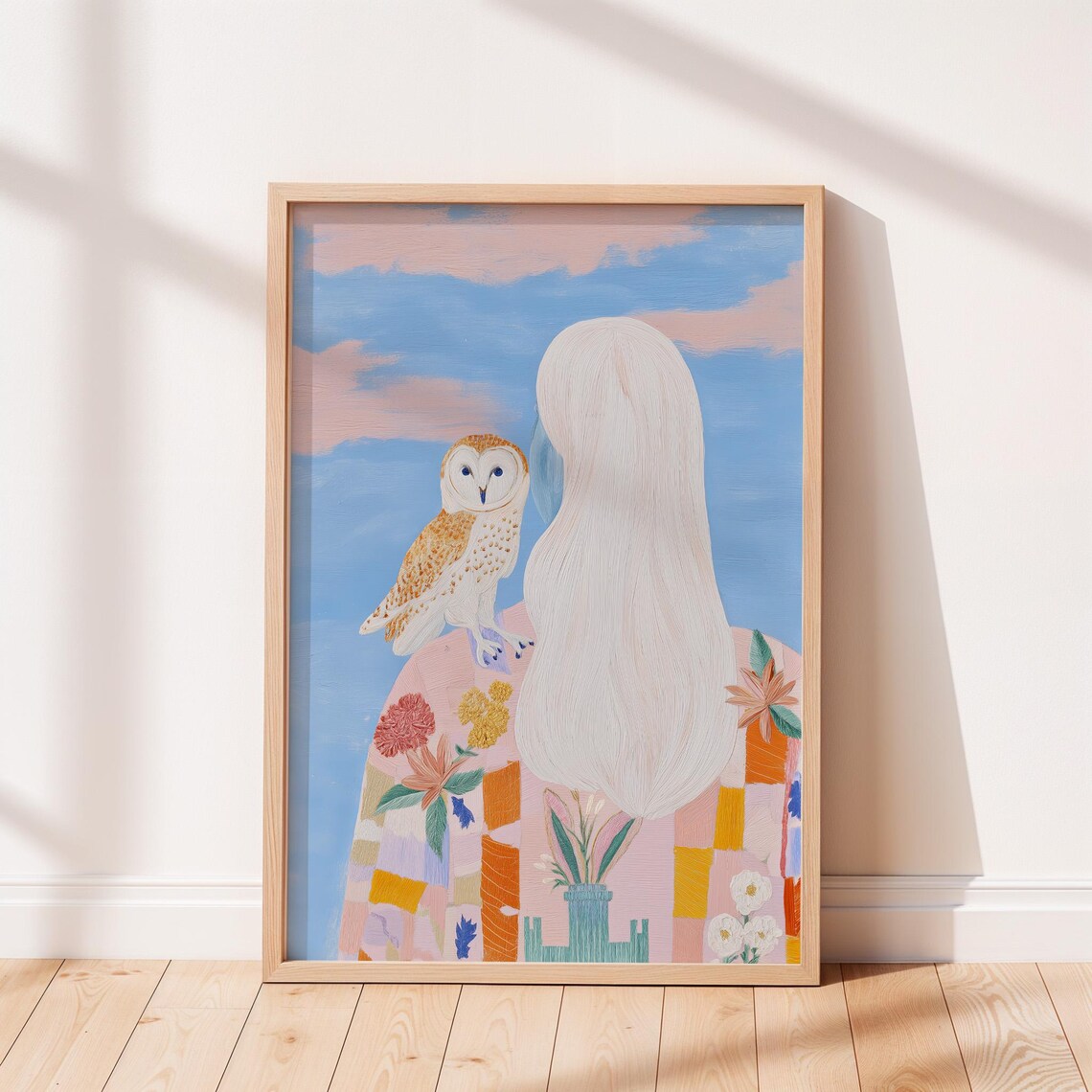 Whimsical Girl and Barn Owl Modern Fantasy Floral Art Poster