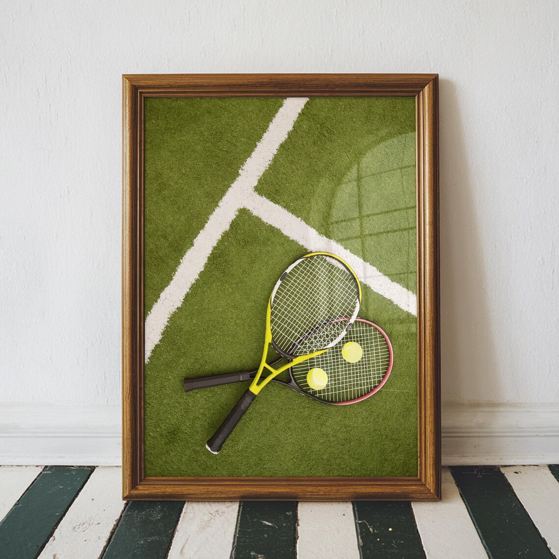 Grass Court Tennis Rackets Yellow Balls Overhead Sports Photography Poster