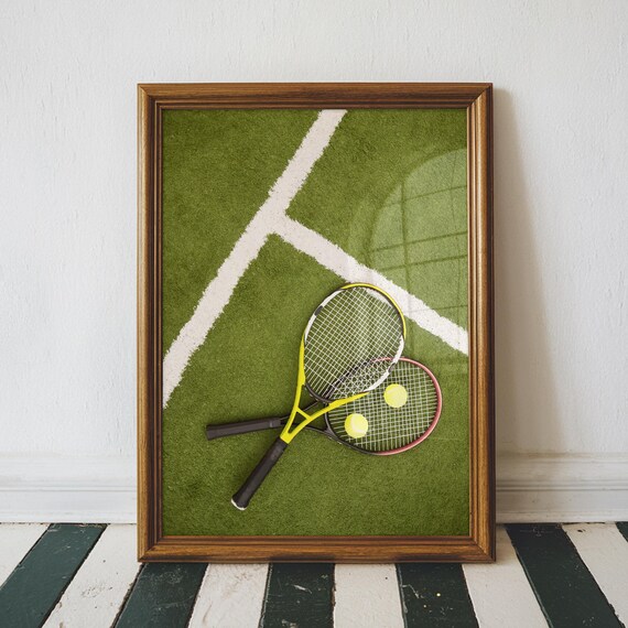 Grass Court Tennis Rackets Yellow Balls Overhead Sports Photography Poster