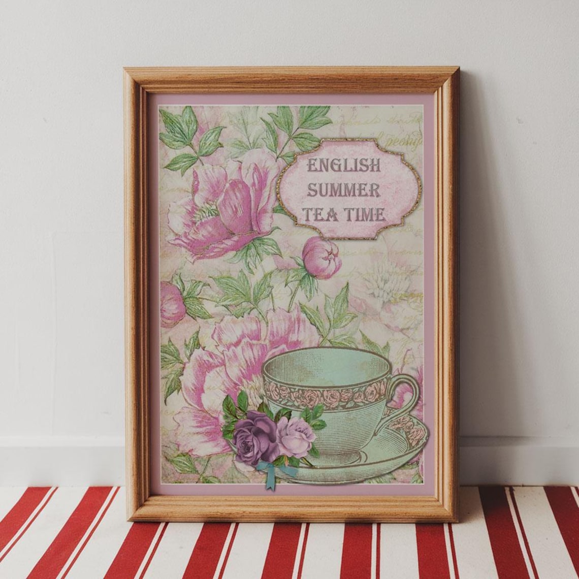 English Summer Tea Time Vintage Floral Teacup Collage Art Poster