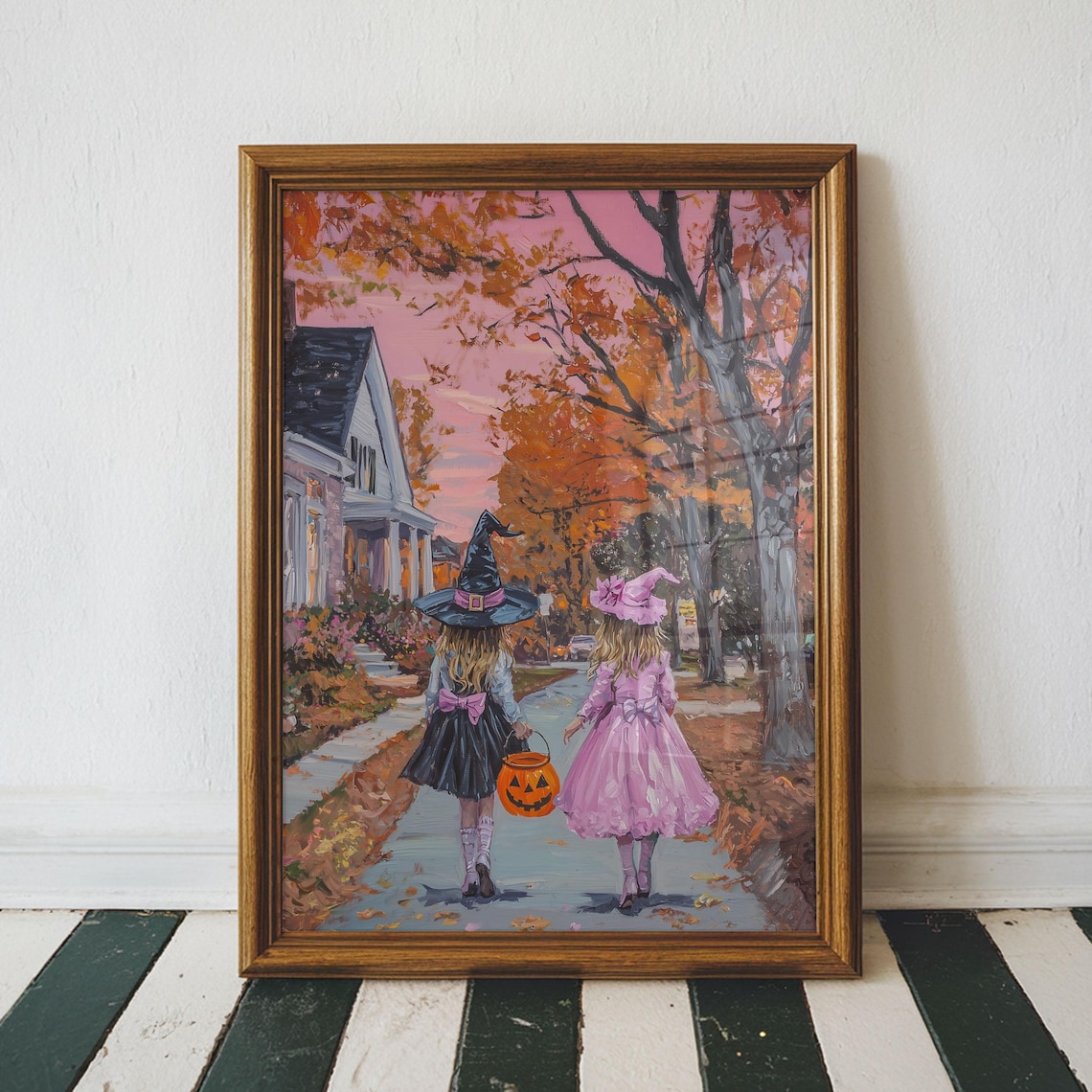 Two Girls Trick Or Treating At Sunset Pink Sky Halloween Art Poster