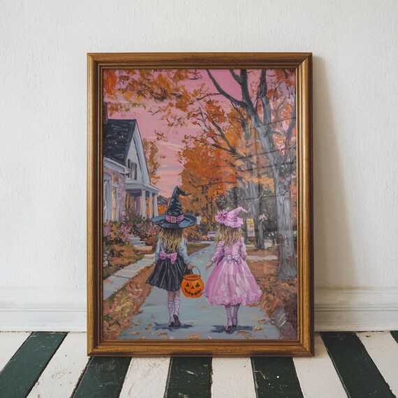 Two Girls Trick Or Treating At Sunset Pink Sky Halloween Art Poster