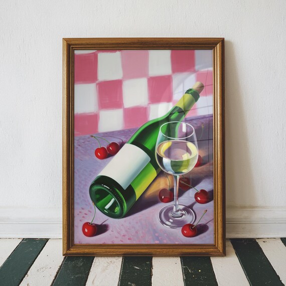 Wine Bottle Glass and Cherries Pink Checkerboard Still Life Poster
