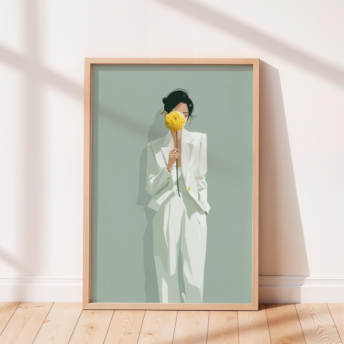 Woman In White Suit Yellow Flower Sage Green Minimal Fashion Wall Art