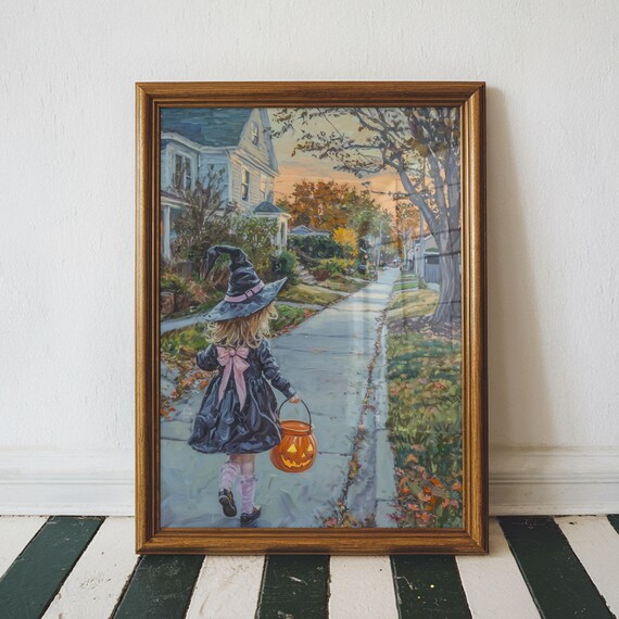 Little Witch Girl Trick or Treat Autumn Street Painting Poster
