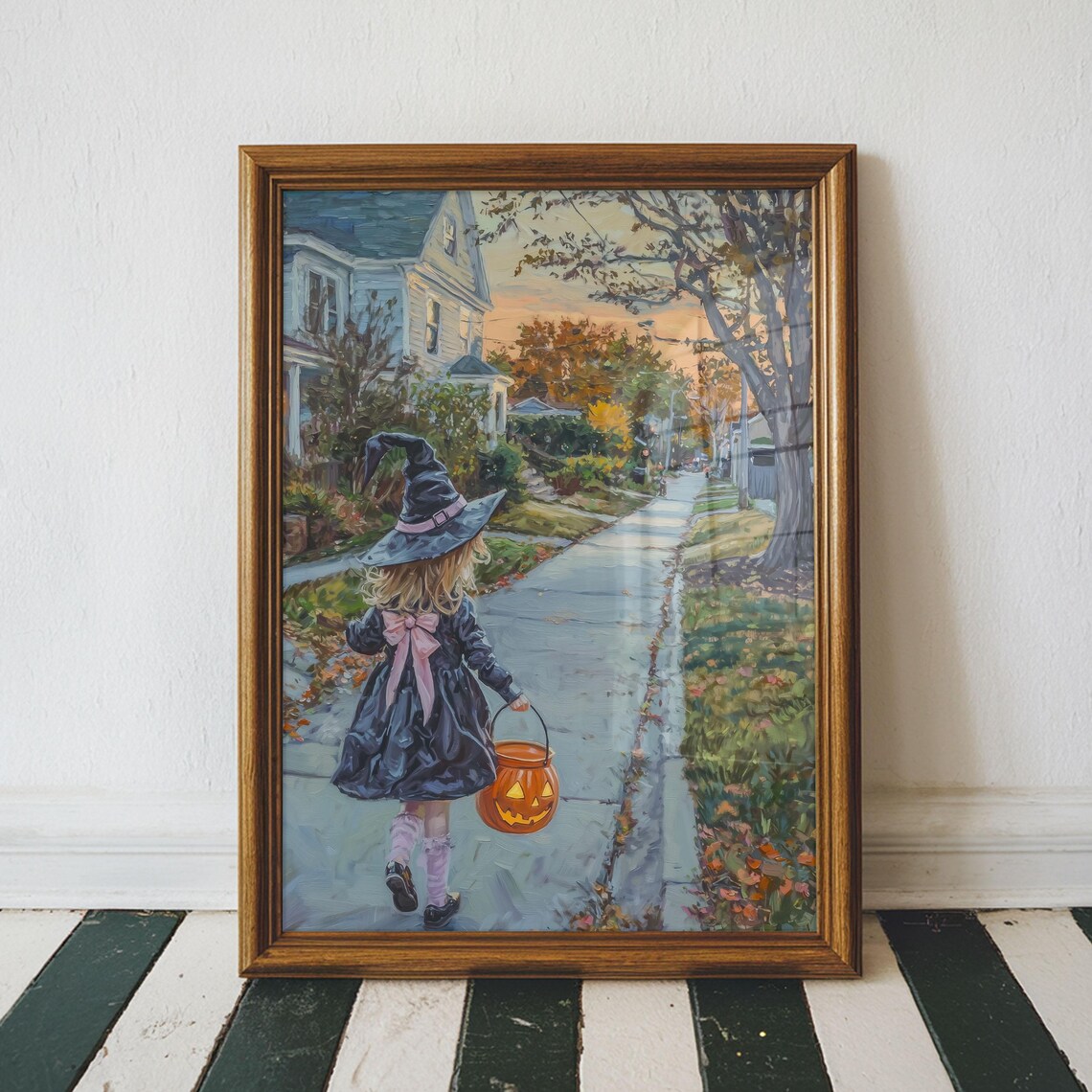 Little Witch Girl Trick or Treat Autumn Street Painting Poster