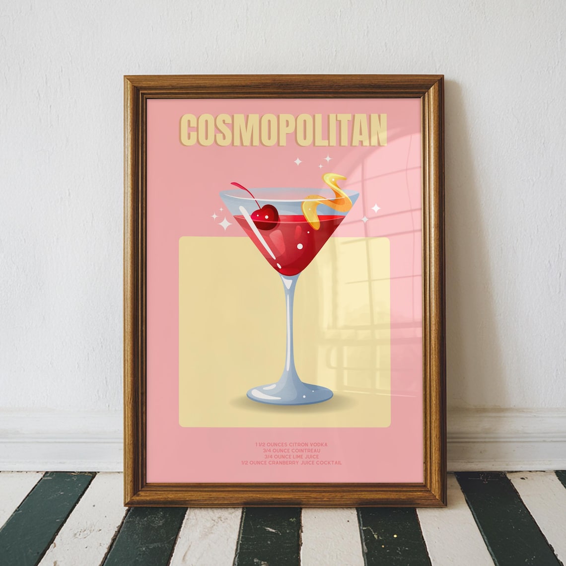 Cosmopolitan Cocktail Recipe Pink Martini Retro Bar Cart Kitchen Decor Poster