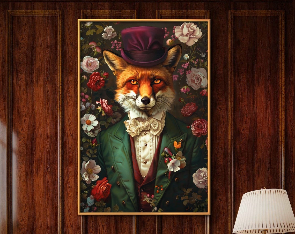 Victorian Fox Top Hat Green Coat Floral Whimsical Portrait Wall Art