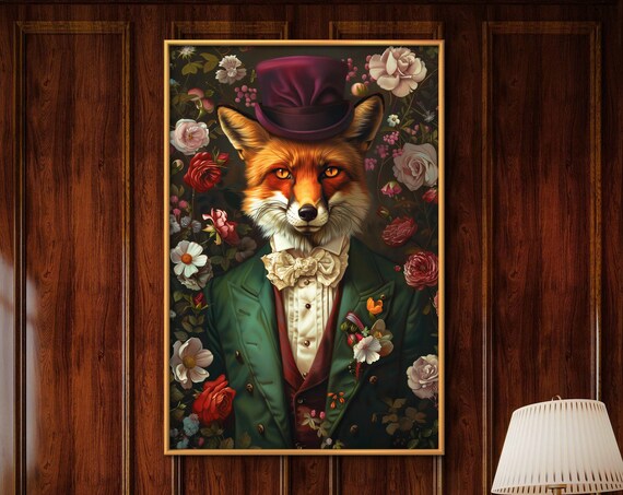 Victorian Fox Top Hat Green Coat Floral Whimsical Portrait Wall Art