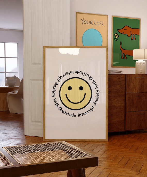 Interrupt Anxiety With Gratitude Print Dorm Room Art Maximalist Inspirational Motivational Typography