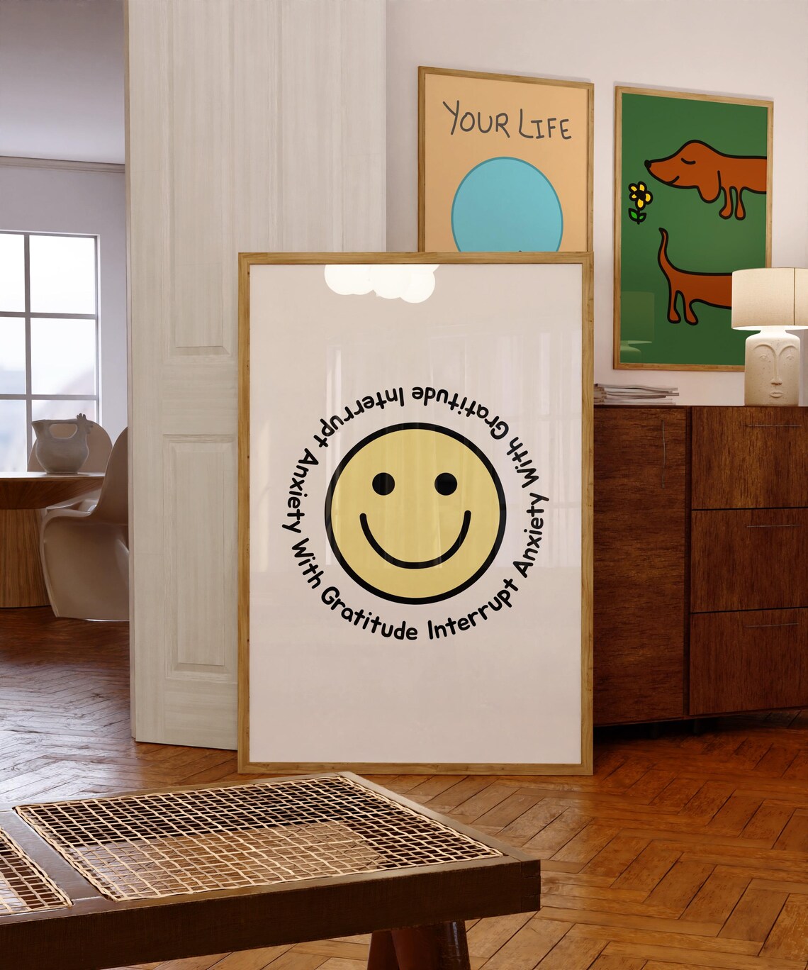 Interrupt Anxiety With Gratitude Retro Smiley Face Quote Poster