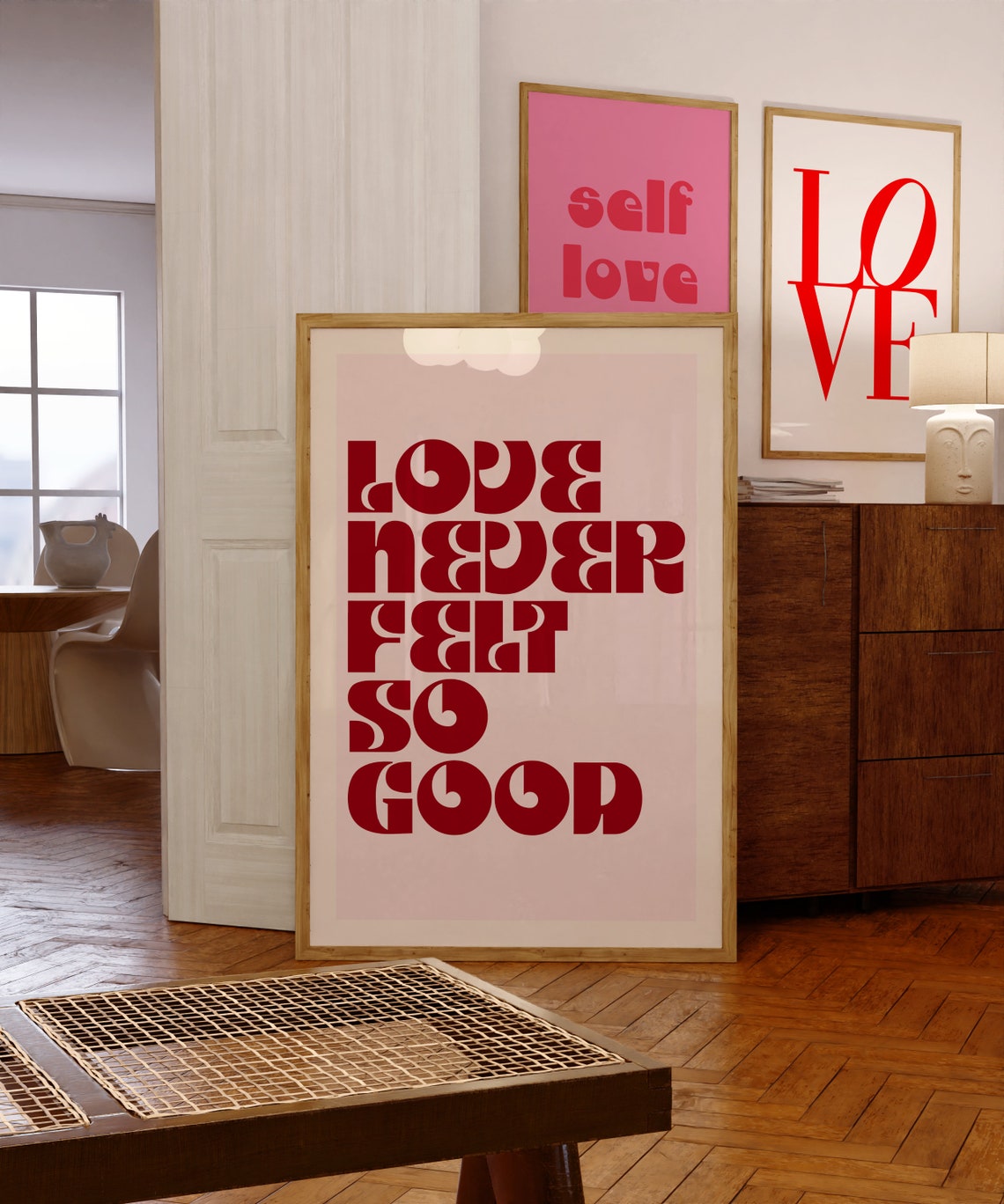 Love Never Felt So Good Red on Blush Pink Retro Statement Art Poster