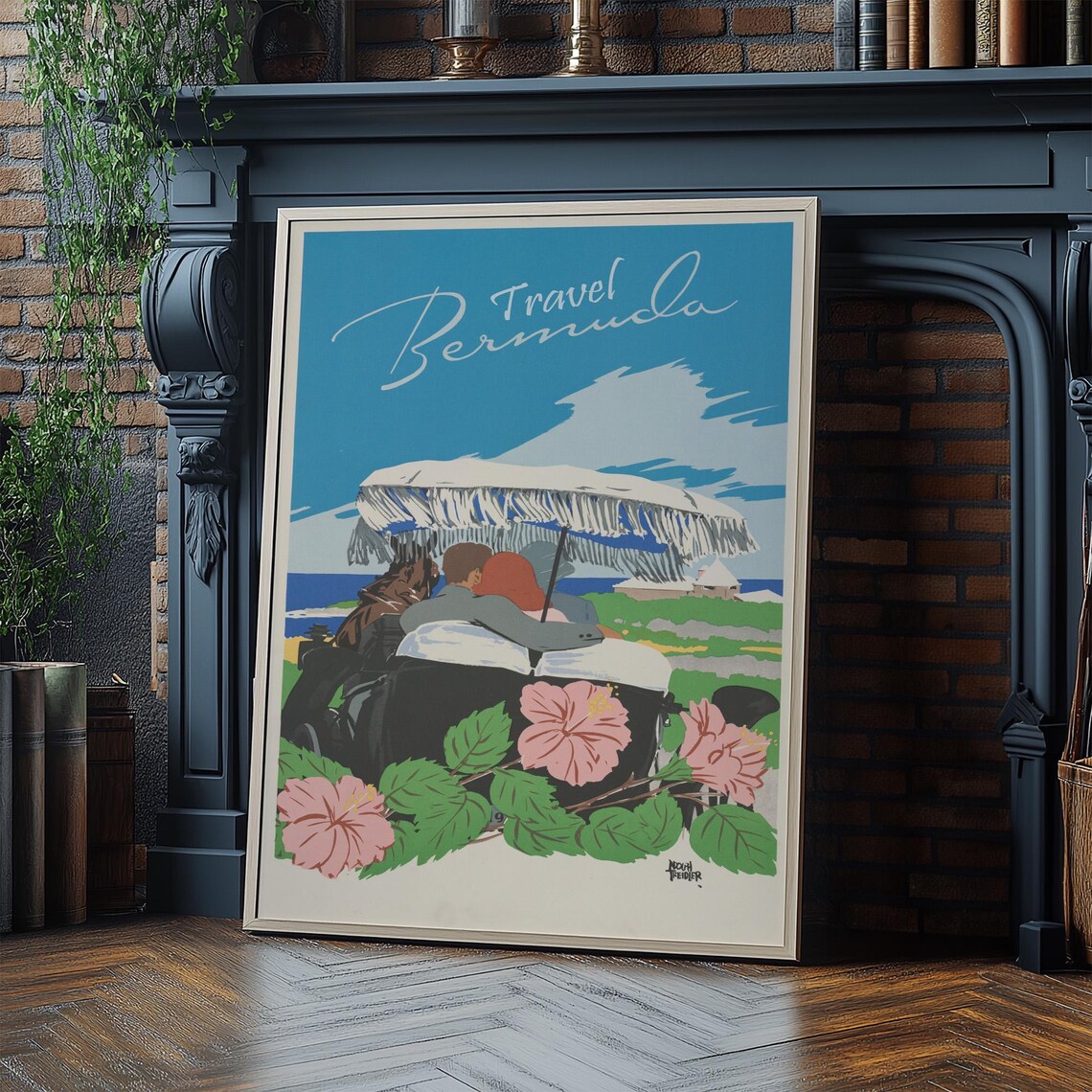 Bermuda Couple Vintage Car Hibiscus Floral Island Travel Poster