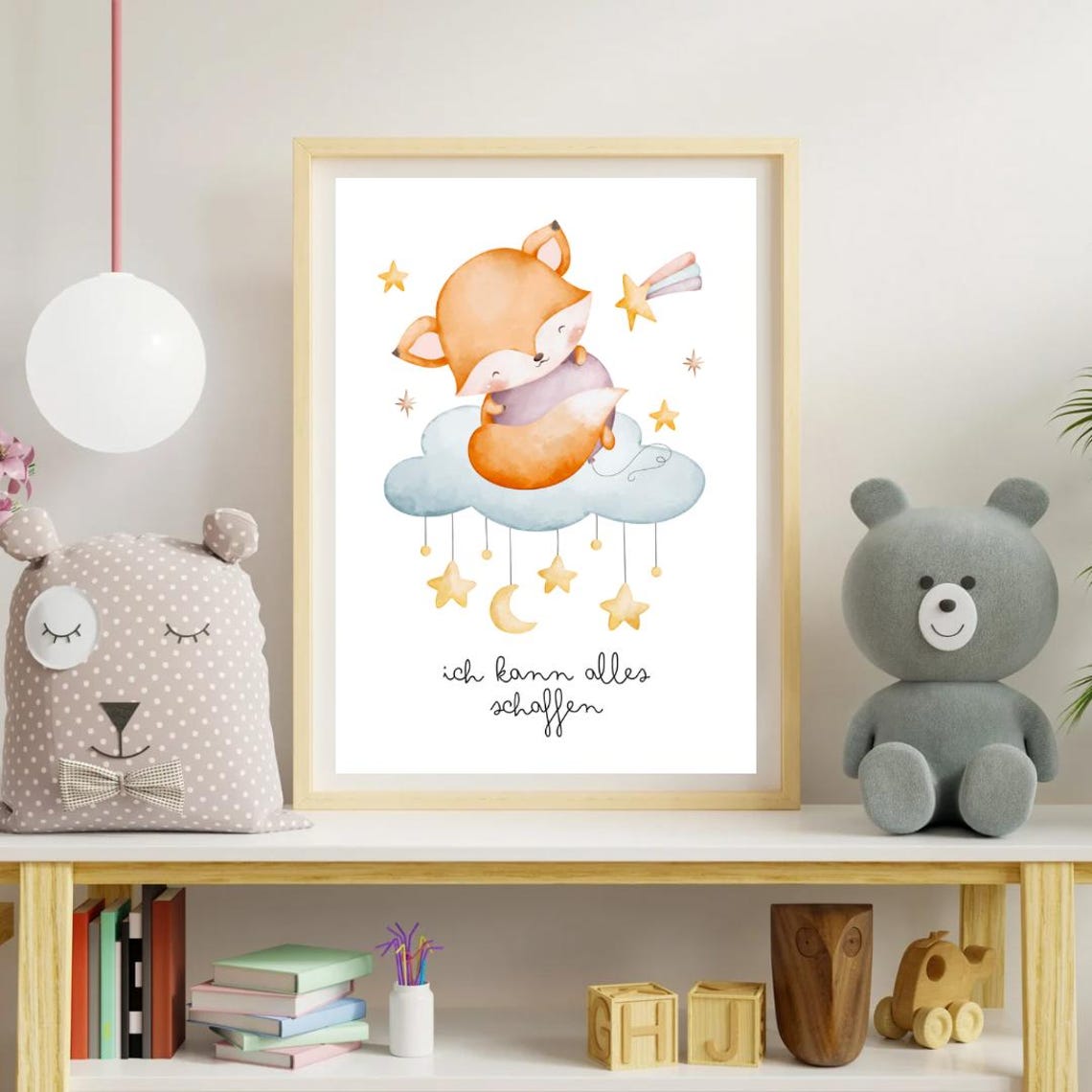Dreamy Sleeping Fox On Starry Cloud Affirmation Nursery Wall Poster