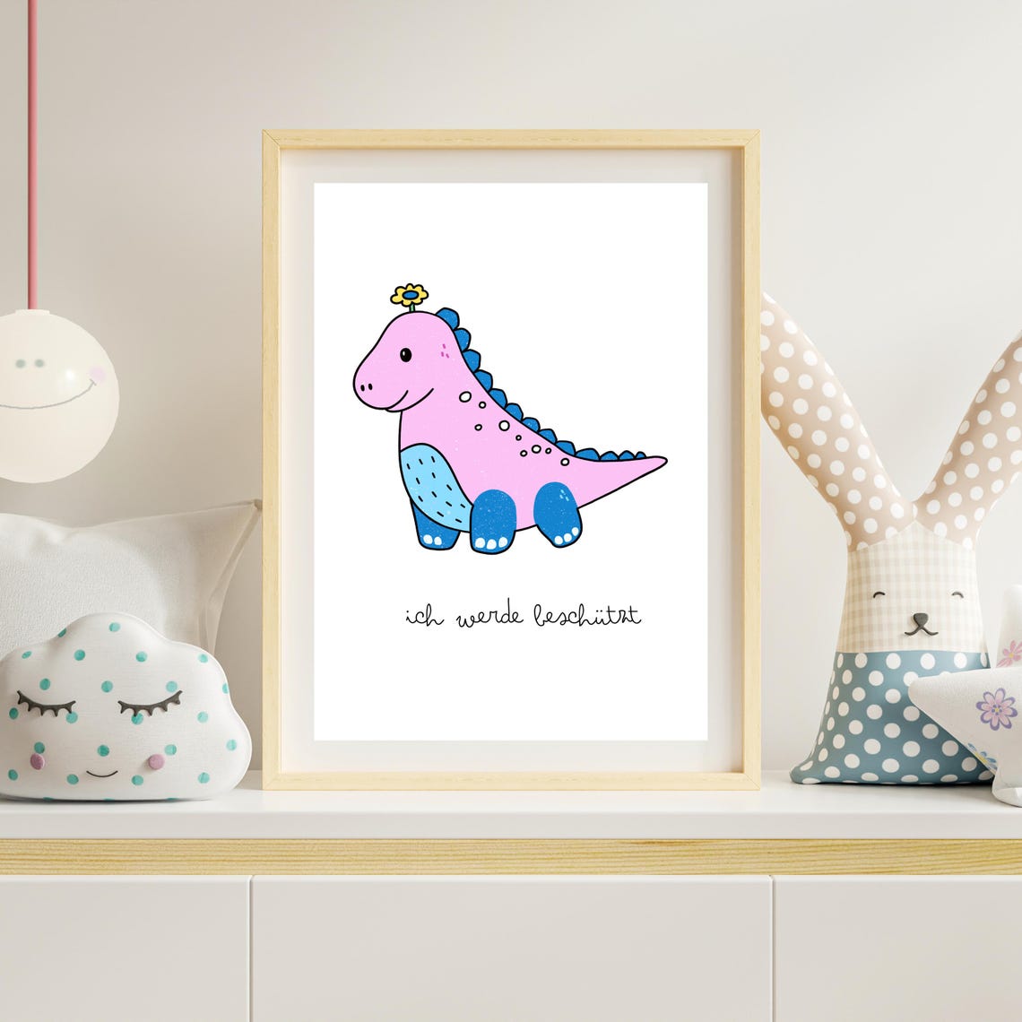 Cute Pink Dinosaur With Flower 'I Am Protected' Nursery Wall Poster