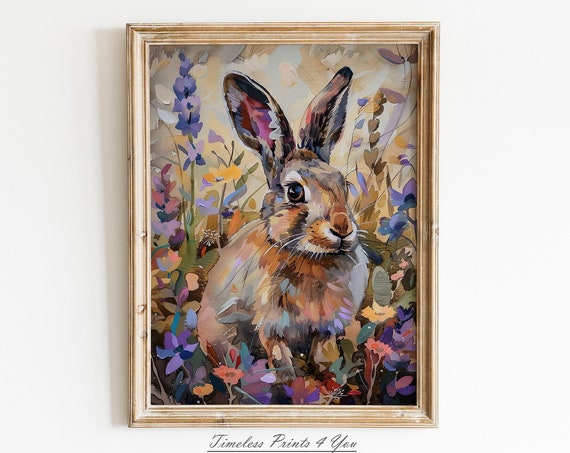 Vintage Easter Bunny Art Print, Spring Rabbit Painting Decor