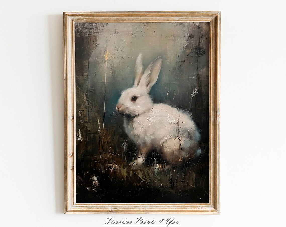 White Rabbit in Moody Meadow Dark Vintage Bunny Oil Painting Poster