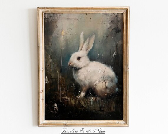White Rabbit in Moody Meadow Dark Vintage Bunny Oil Painting Poster