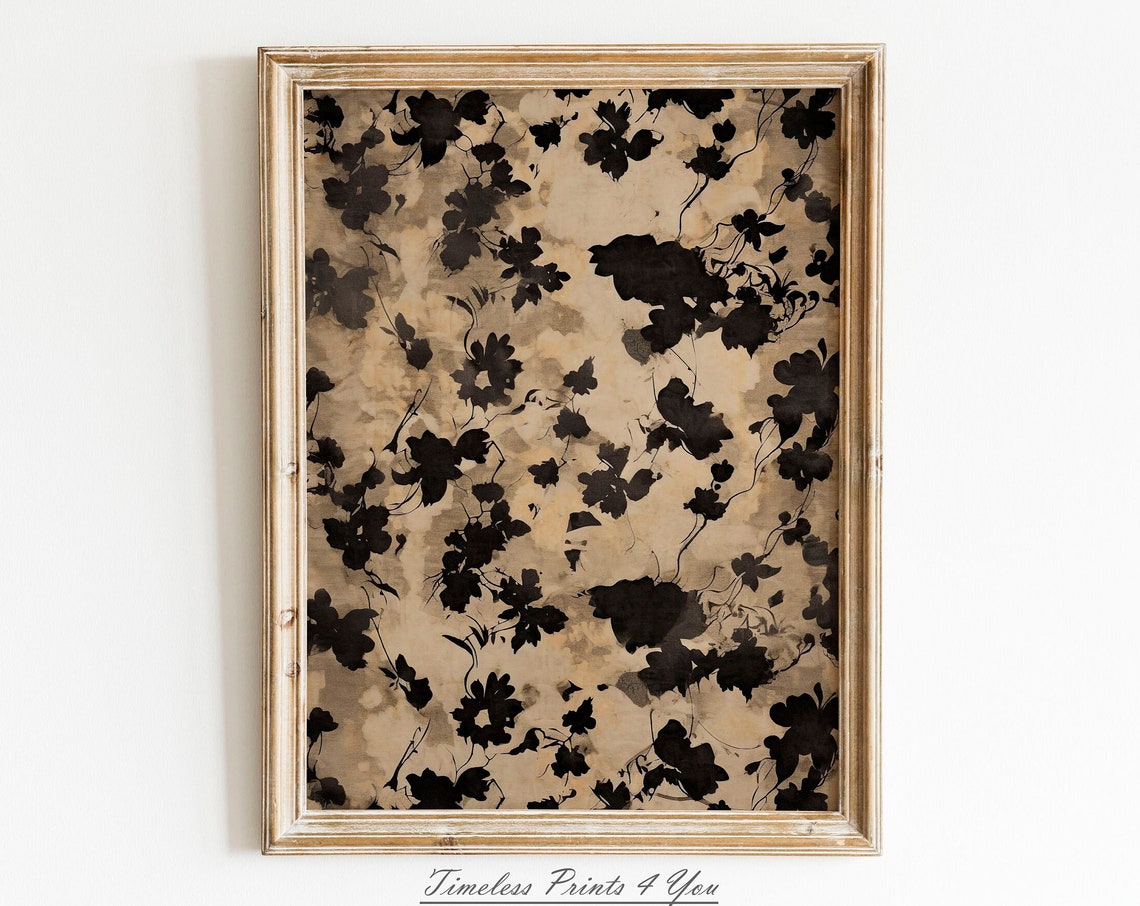 Moody Dark Botanical Floral Silhouette Pattern Aged Beige Print