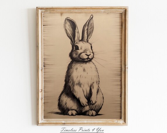 Vintage Sepia Pencil Sketch of a Sitting Rabbit Drawing Poster