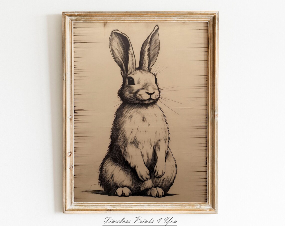 Vintage Sepia Pencil Sketch of a Sitting Rabbit Drawing Poster