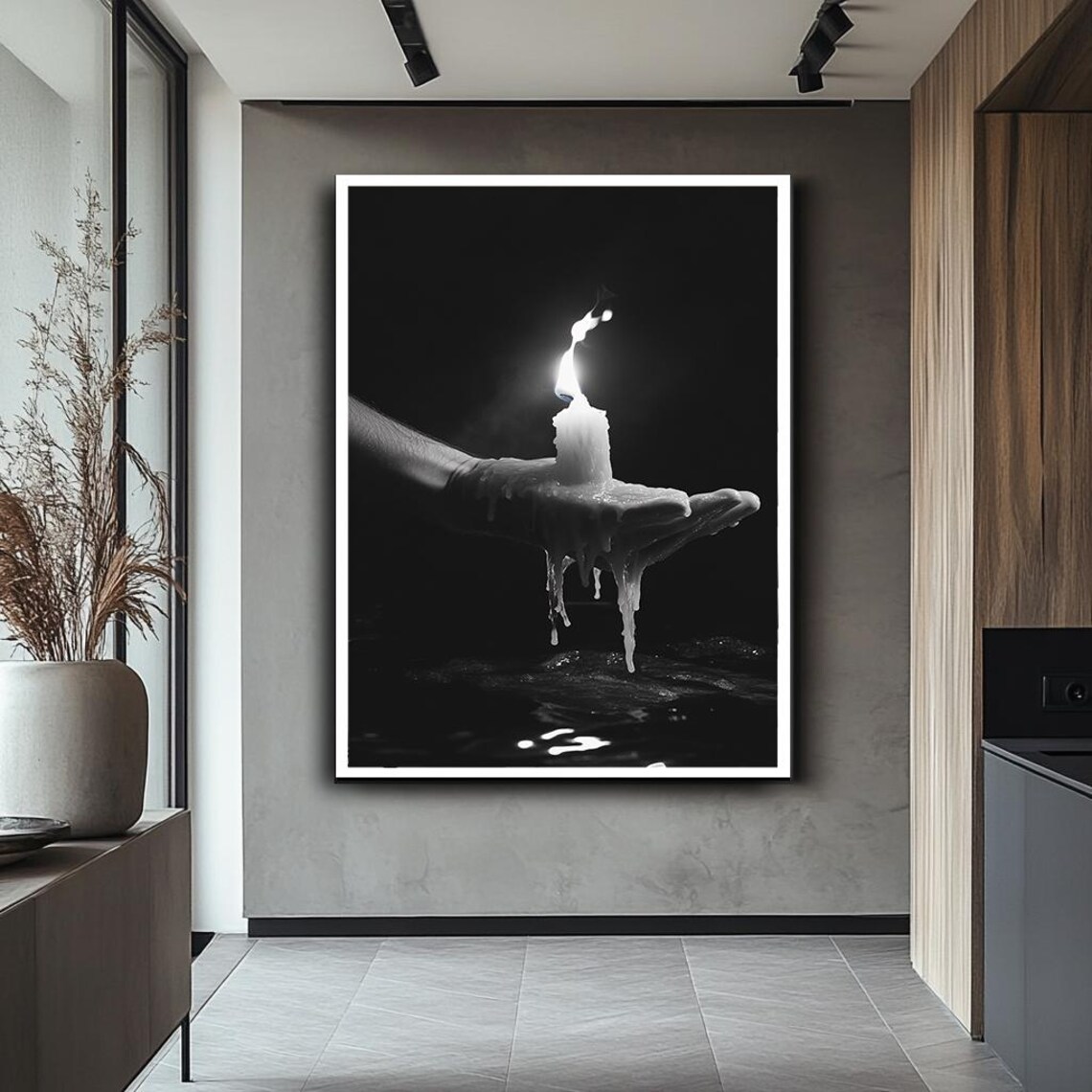 Black And White Hand Holding Melting Candle Dramatic Dark Art Poster - Image 2