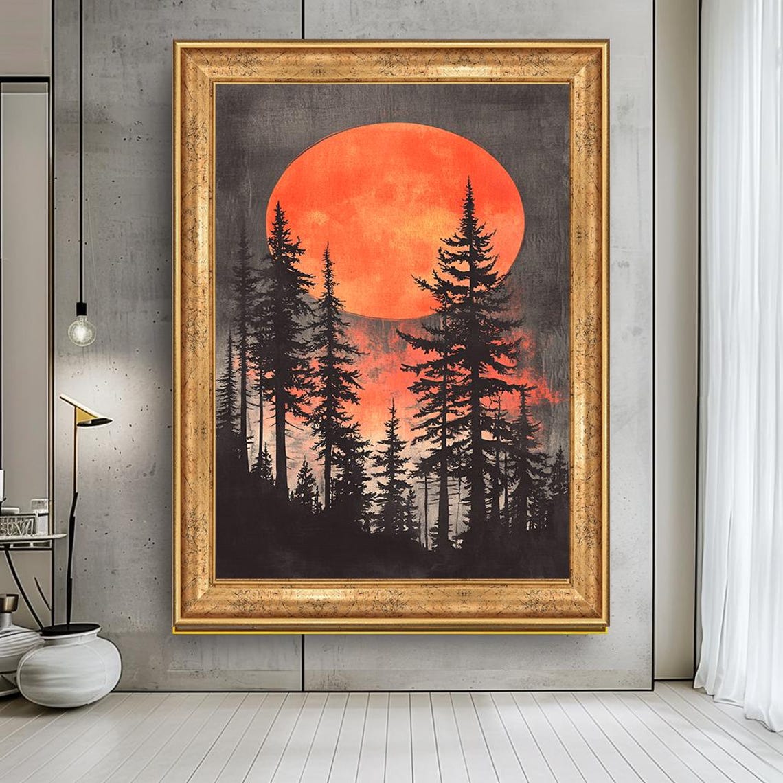Blood Red Moon Pine Forest Silhouette Dark Mystical Night Sky Poster