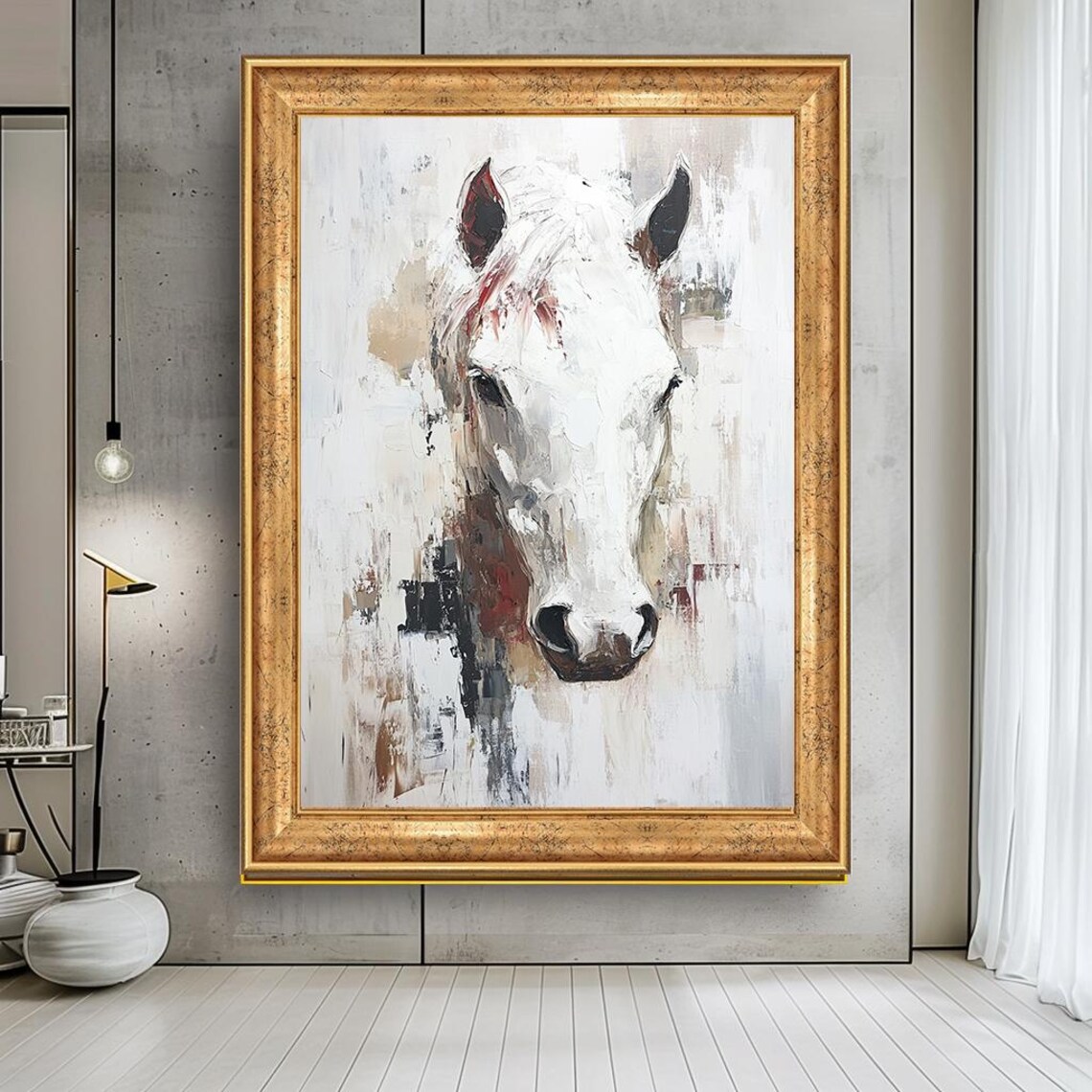 White Horse Portrait Expressive Brushstrokes Modern Animal Wall Art