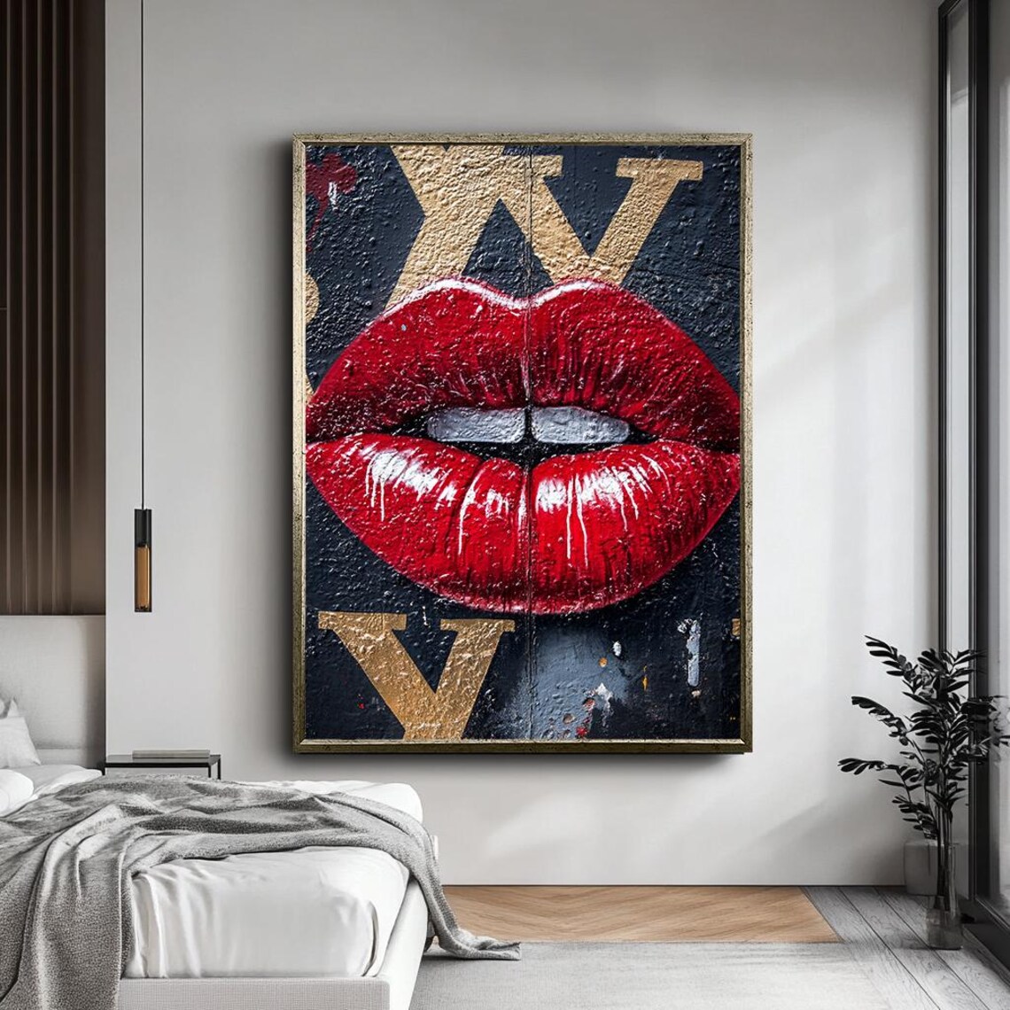 Glamorous Red Lips Gold Lettering Pop Art Bold Fashion Statement Print - Image 5