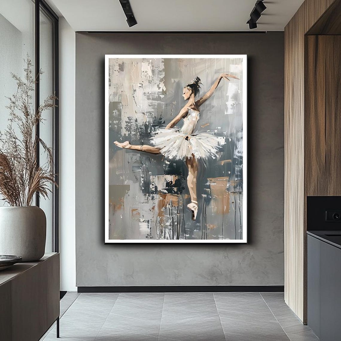 Ballerina In White Tutu Leap Abstract Grey Studio Dance Art Poster - Image 2