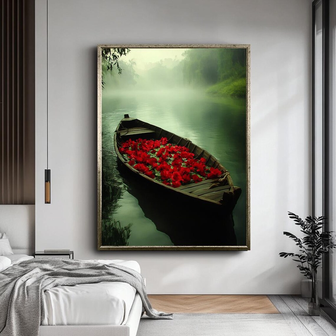 Wooden Boat Full Of Red Flowers Misty River Tranquil Wall Art - Image 5