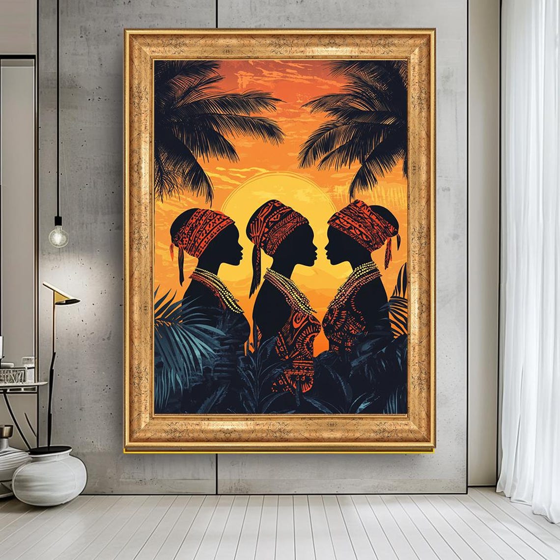 African Women Sunset Silhouette Palm Trees Bold Tribal Wall Art