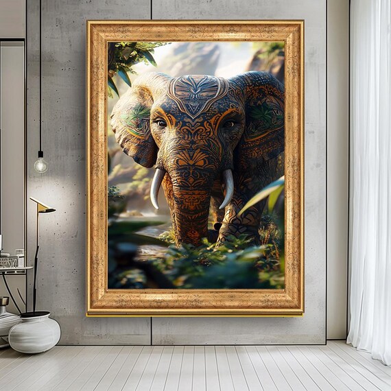 Ornate Tribal Pattern Elephant Portrait Lush Jungle Wildlife Art Print